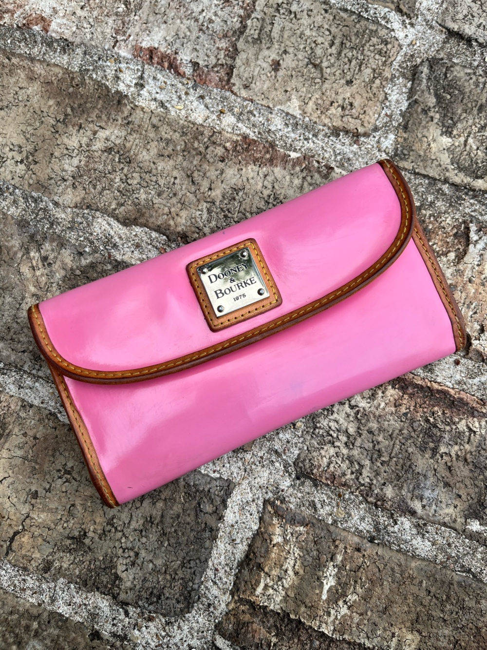 Dooney & Bourke Patent Leather Continental Clutch Wallet Pink w/ Leather Trim
